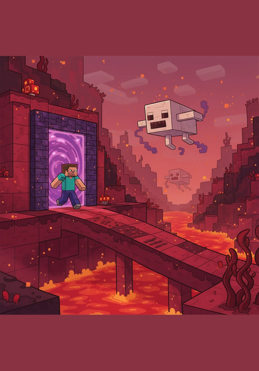 Stepping through a frame of obsidian, Steve enters the Nether, a fiery dimension of red rock and glowing dust. He carefully navigates the treacherous bridges, dodging the sighs of floating Ghasts.