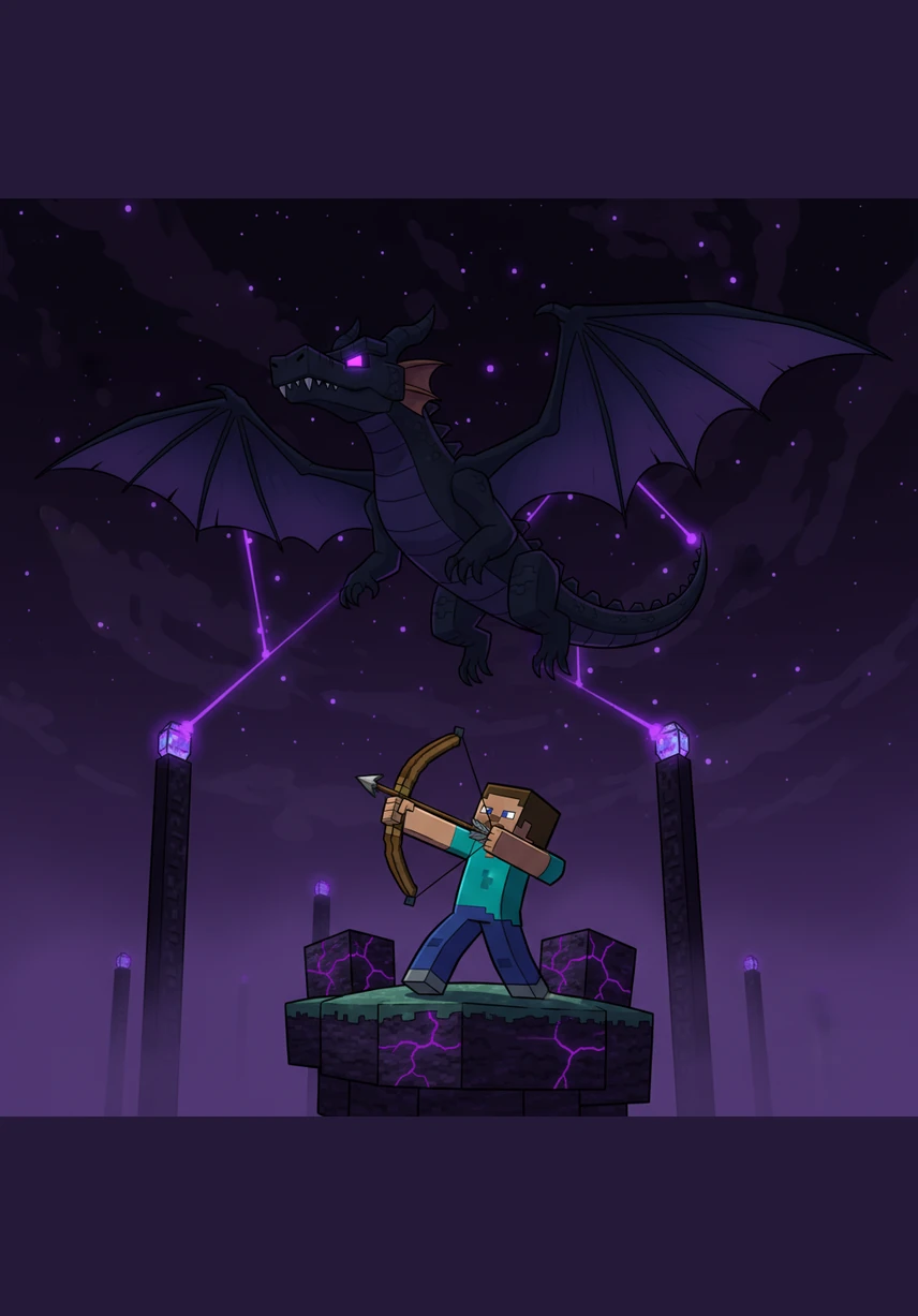 Finally, Steve reaches the End, a dark void where a mighty dragon soars through the purple sky. With his bow drawn and heart racing, he prepares for the ultimate battle to save his world.