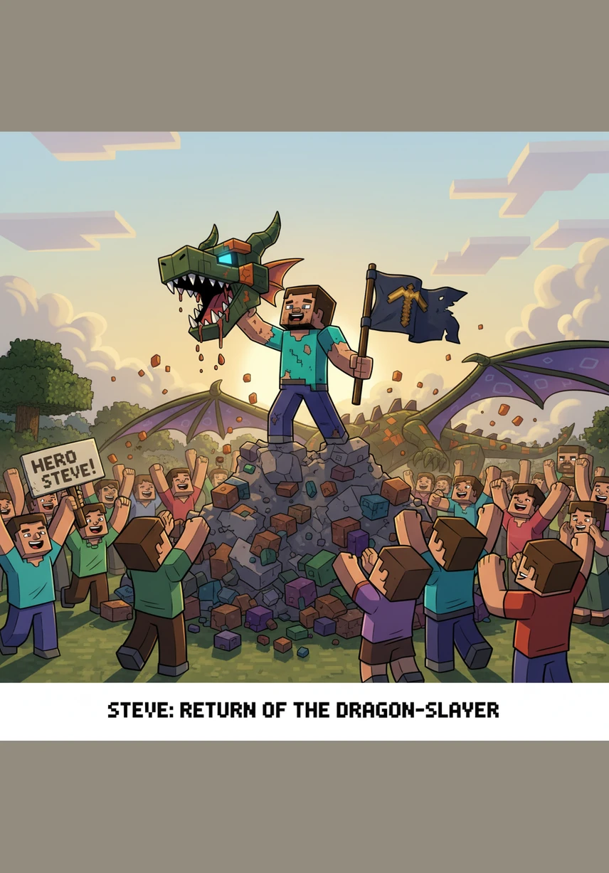 Having triumphed over the dragon, Steve returns to his beautiful home as a legendary hero. He looks out over the landscape he has shaped, knowing that in this blocky world, his next adventure is only a craft away.