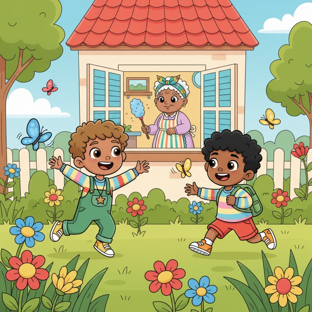 Young Emmanuel, with bright, hopeful eyes, plays happily in the sunny garden of Mr. and Mrs. Smith, while his kind grandmother, Mama Joy, diligently dusts inside. Simba, the Smith's cheerful son, joins Emmanuel, their laughter echoing as they chase butterflies. Despite their different homes, their bond of friendship is as bright as the morning sun.