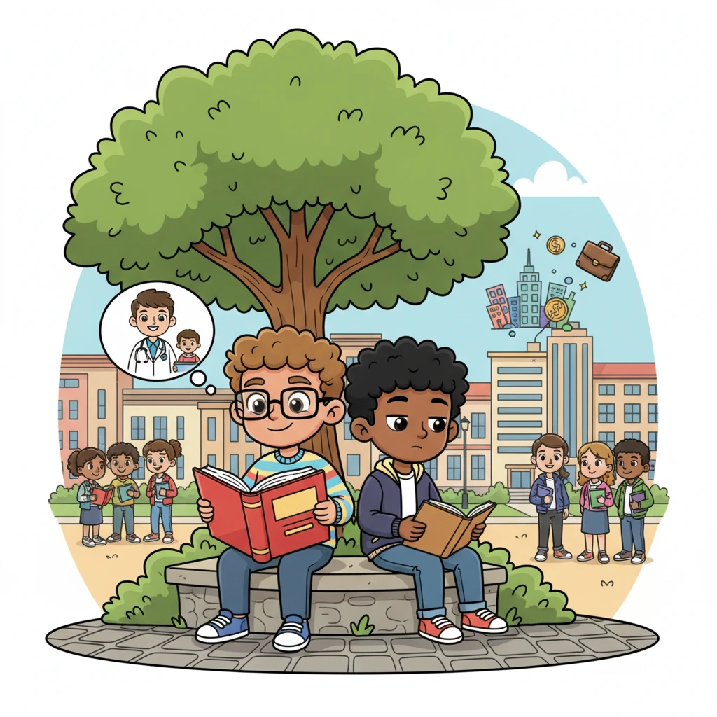 Years later, Emmanuel and Simba are at university, a bustling hub of big dreams. Emmanuel, with his glasses perched, is deeply engrossed in a thick medical book, imagining a future saving lives. Simba, however, looks restless, his mind drifting from lectures to the exciting world of business, already planning his departure to manage his father's ventures.