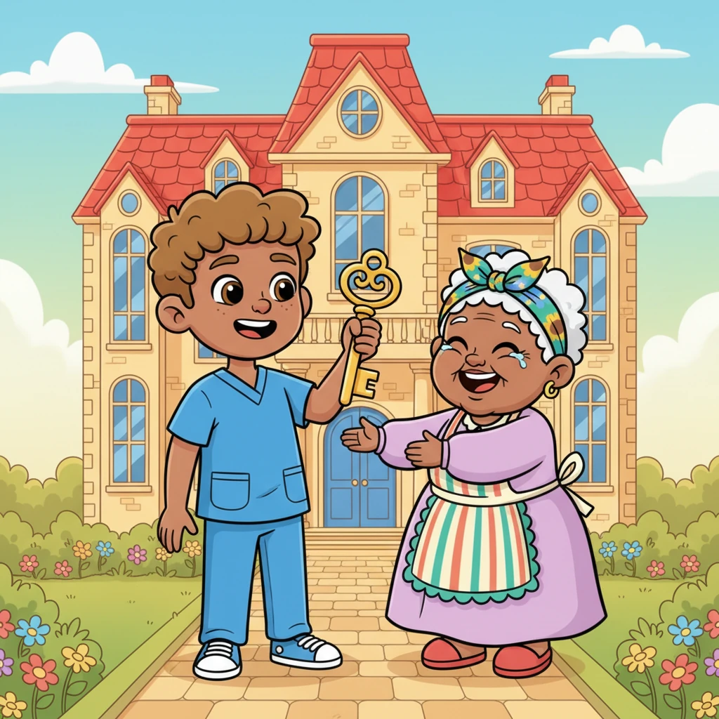 Years later, a successful Dr. Emmanuel, now working in a grand London hospital, beams with pride as he presents Mama Joy with the keys to her very own magnificent mansion. Mama Joy, her face alight with joy and disbelief, embraces her grandson, her eyes twinkling with tears of gratitude for his incredible gift.