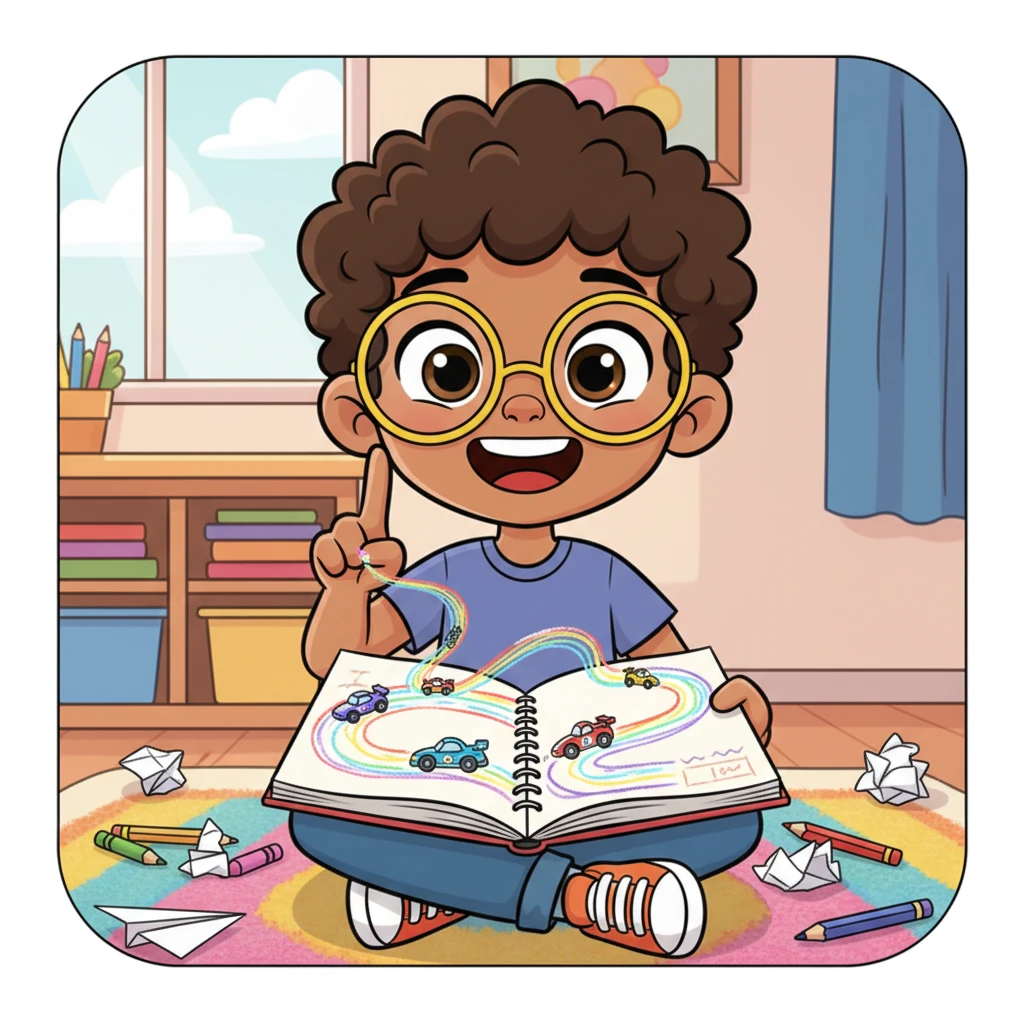 Leo, un niño con gafas brillantes y una sonrisa aún más brillante, tuvo una idea asombrosa mientras dibujaba en su cuaderno. Imaginó un juego de carreras donde la pista fuera su propio dibujo, ¡creada con la punta de su dedo! Sus ojos brillaban con la emoción de la invención.