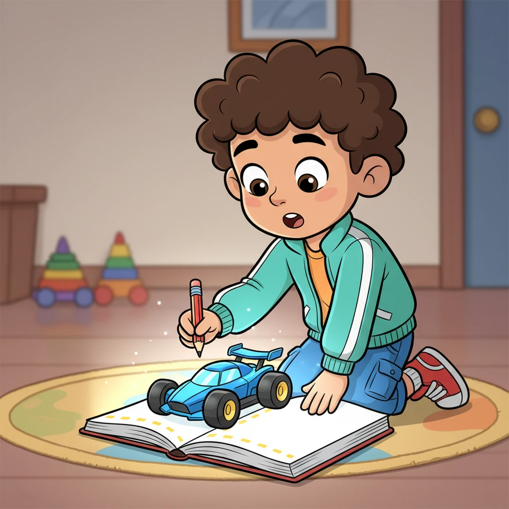 De repente, el cuaderno de Leo se transformó en una pantalla mágica. Un lienzo en blanco se extendía, esperando su toque. Un diminuto coche de carreras, con una carcasa azul brillante y ruedas enormes, esperaba pacientemente en la línea de salida imaginaria.