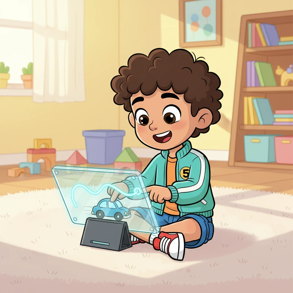 Con un dedo decidido, Leo trazó una línea ondulada por la pantalla. ¡Y listo! El coche azul cobró vida, siguiendo el camino exacto que había dibujado. Suspiró de asombro al ver su creación moverse por sí sola.