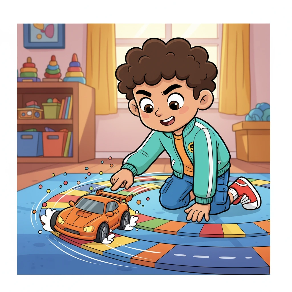 Para una curva cerrada, Leo movió su dedo más despacio y con más cuidado. El coche frenó suavemente, derrapó con gracia alrededor del giro y aceleró de nuevo sin perder el ritmo. ¡Era el equilibrio perfecto entre velocidad y control!