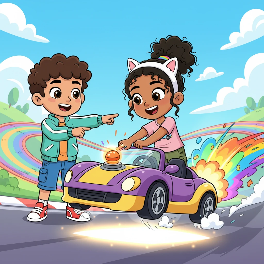 Su amiga Mia, con una diadema de orejas de gato y una risa contagiosa, se unió a la diversión. Leo le mostró el botón de 'turbo'. Con un toque, el coche de Mia lanzó un chorro de energía, volando por la pista con un estallido de colores.