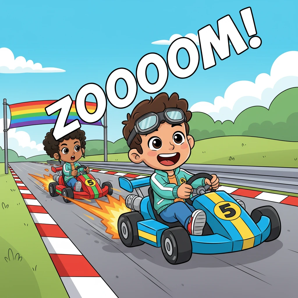 Pero el turbo tenía un límite. Leo lo usó sabiamente en la última recta, adelantando a un coche rival con un '¡ZUM!' justo antes de la meta. La estrategia era clave, no solo la velocidad pura.