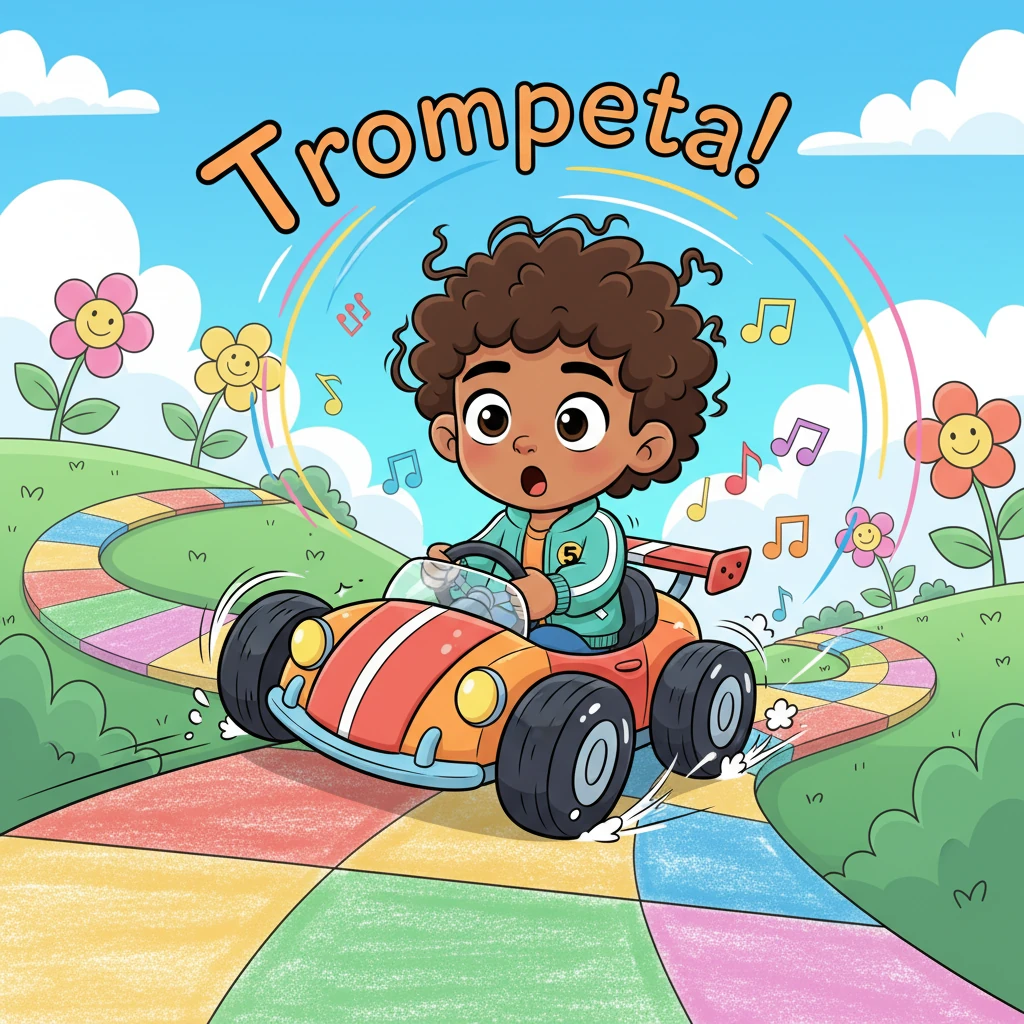 En una carrera, Leo se emocionó demasiado y dibujó una sección a una velocidad vertiginosa. ¡Oh no! El coche comenzó a tambalearse, a dar vueltas y a perder velocidad en un divertido '¡Trompeta!' Fue un pequeño castigo por ser demasiado impaciente.