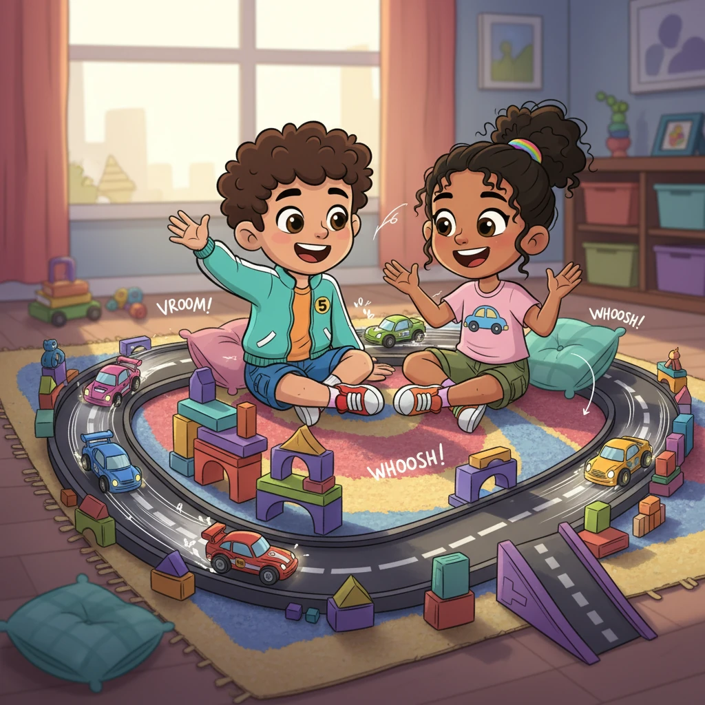 Finalmente, Leo y Mia se sentaron juntos, compitiendo en sus propios circuitos personalizados. Sus coches de colores corrían, derrapaban y usaban el turbo, todo gracias a la imaginación de Leo. Las risas llenaron la habitación, ¡era el juego de carreras más divertido de todos!