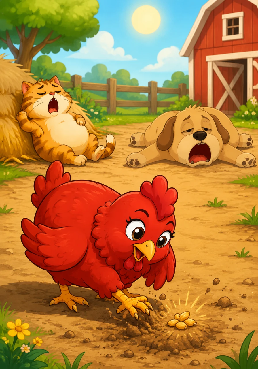 Ruby the Little Red Hen was scratching about the sun-drenched farmyard when she discovered a few tiny, golden grains of wheat hidden in the dirt. She looked at the seeds with excitement, knowing they could become something wonderful with a bit of effort.