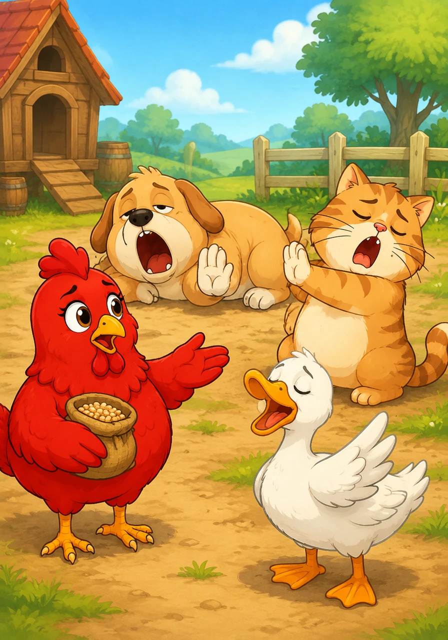 Ruby approached her friends—the sleepy dog, the lazy cat, and the noisy duck—and asked if they would help her plant the wheat. One by one, they all declined with a lazy yawn and a shake of their heads, leaving Ruby to stand alone with her seeds.