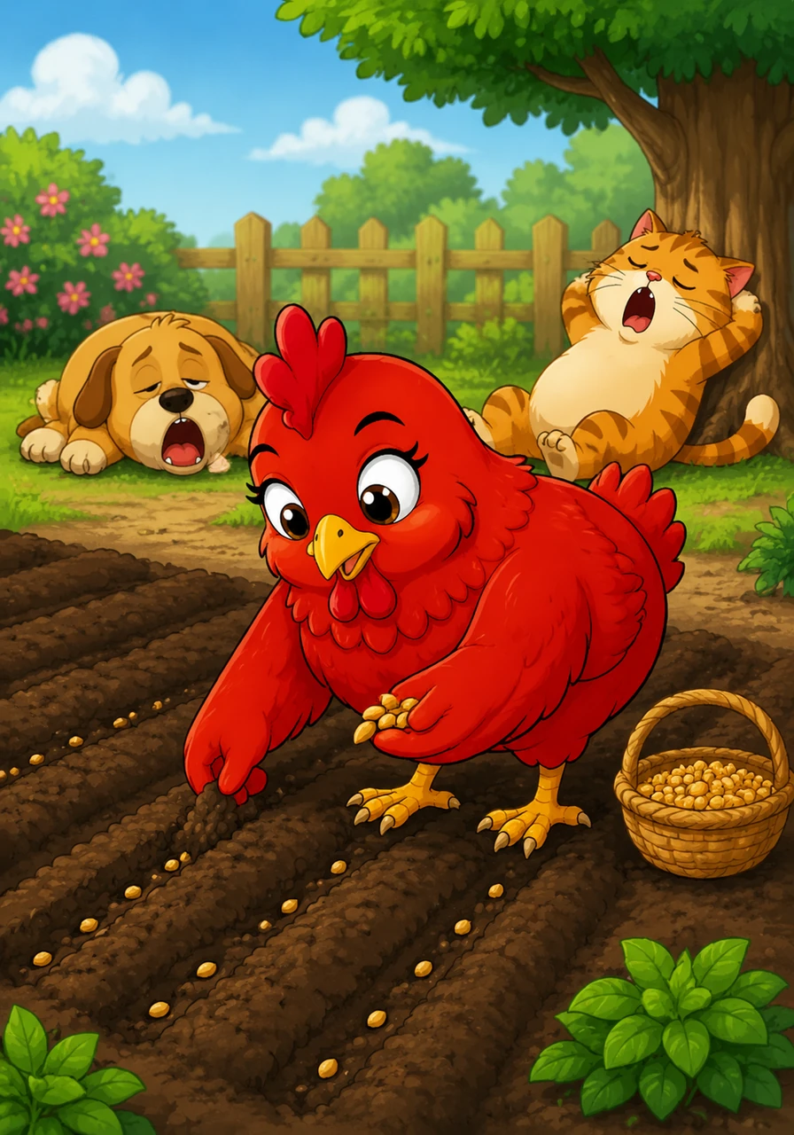 Since no one would help, Ruby set to work in the garden, using her sharp beak and sturdy claws to dig neat little rows in the soft, dark earth. She carefully tucked each grain into its new home and covered them with a blanket of soil.