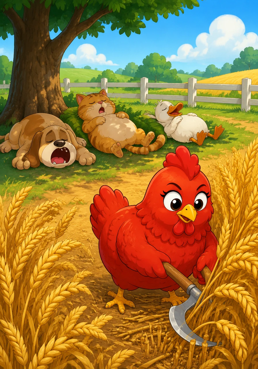 Ruby asked her friends once more for help cutting the wheat, but the dog, the cat, and the duck were much too busy napping in the shade. With a determined nod, Ruby picked up her tools and began to harvest the heavy stalks all by herself.
