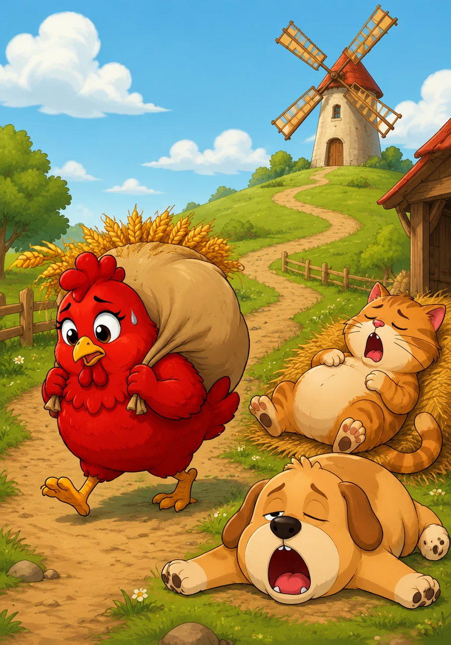 With the harvest complete, Ruby needed to take the heavy sack of wheat to the old windmill on the hill to be ground into flour. Despite the weight of the bag, her friends refused to move a single paw or feather to assist her on the journey.