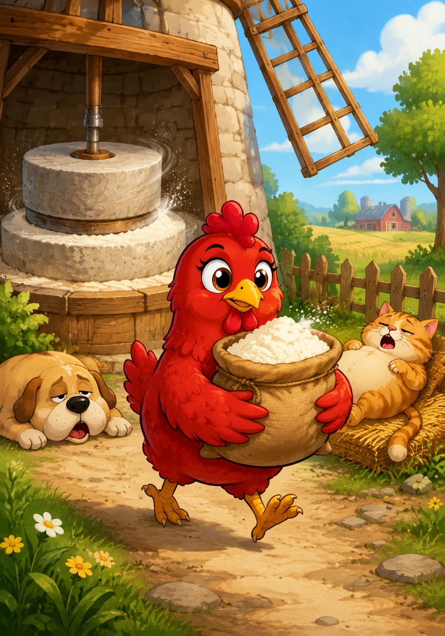 At the windmill, the giant stones whirred and ground the wheat into a fine, soft white powder that smelled like the earth and the sun. Ruby carried the precious sack of flour back to the farm, her heart light even though her wings were tired.