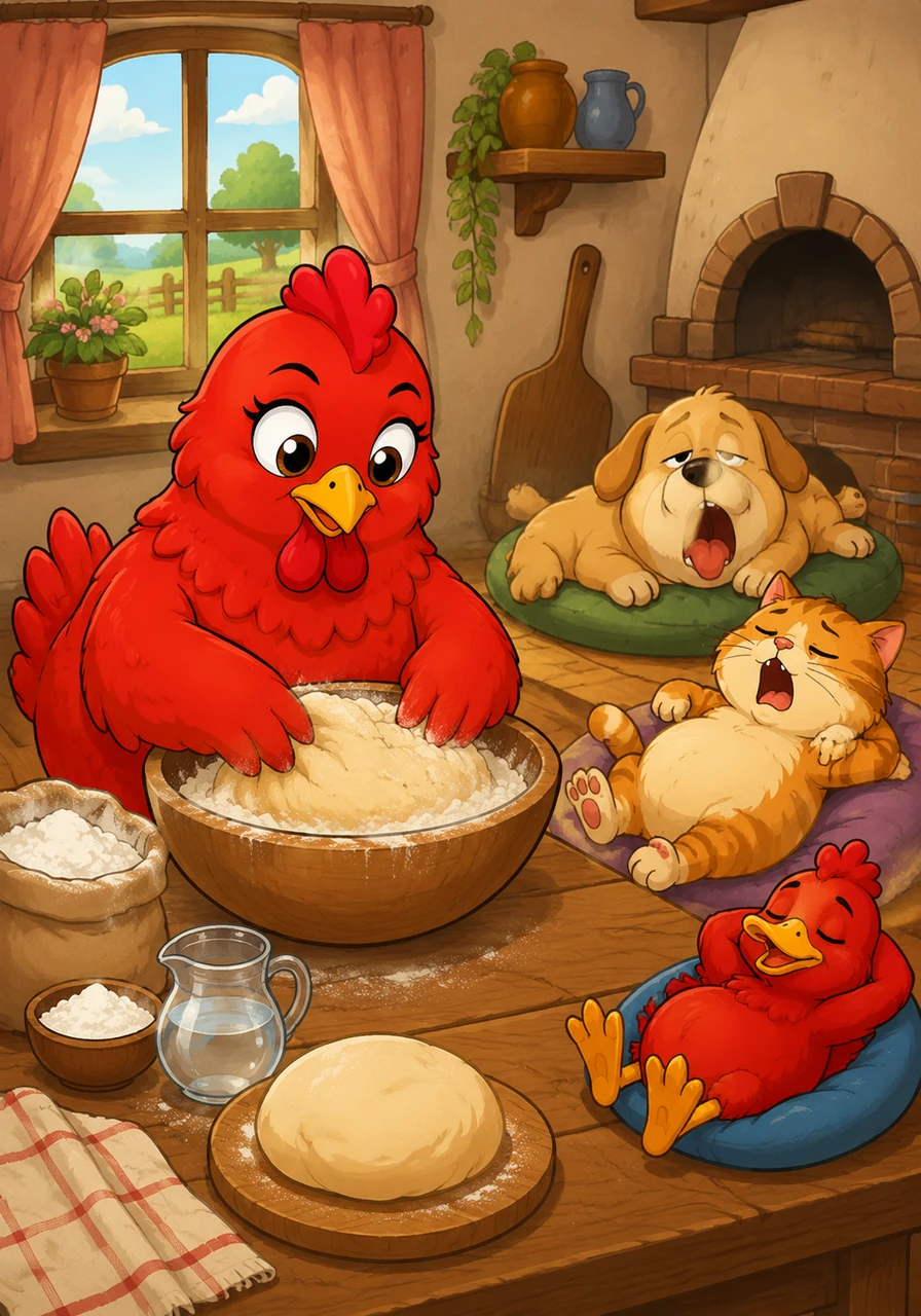 Back in her cozy kitchen, Ruby asked who would help her knead the dough and bake it into a delicious loaf of bread. Once again, the dog, the cat, and the duck replied with a chorus of 'Not I,' so Ruby began to mix the flour and water alone.