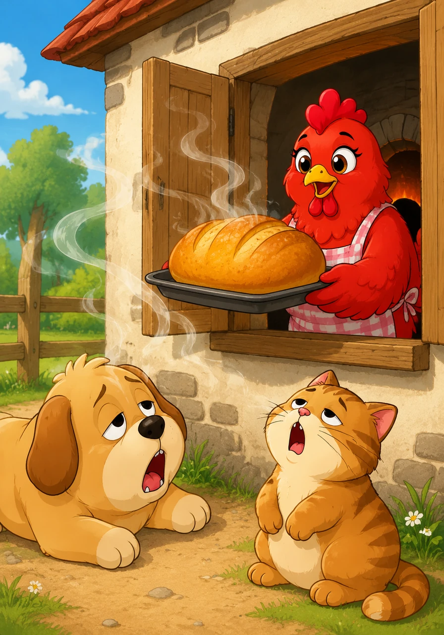 A heavenly aroma of freshly baked bread soon drifted across the farmyard, drawing the hungry animals toward Ruby's window. Ruby pulled the steaming, golden-brown loaf from the oven and asked, 'Now, who will help me eat this bread?'