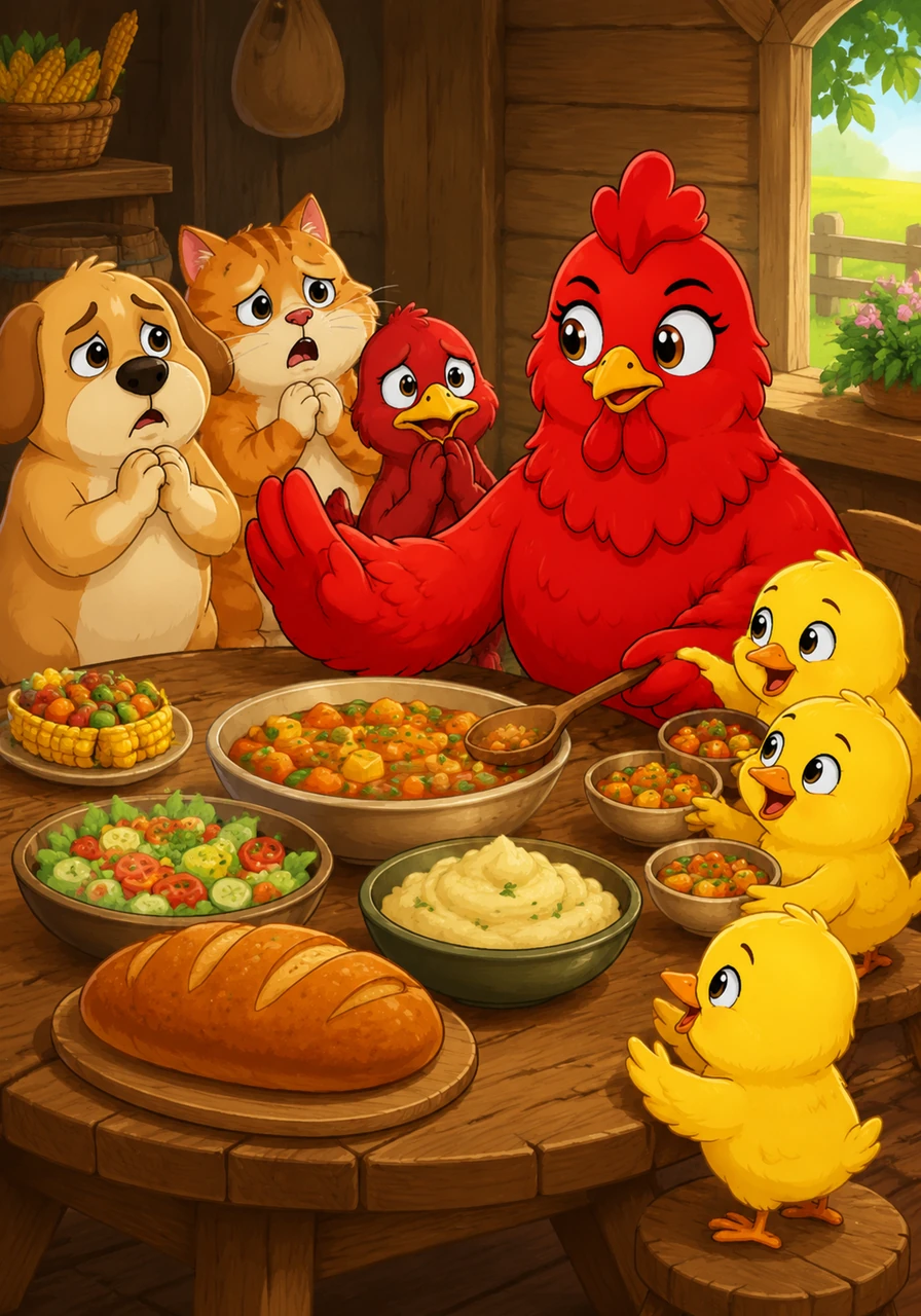 The dog, the cat, and the duck all cried out 'I will!' as they gathered around the table with hopeful eyes. However, Ruby shook her head and shared the delicious feast with her little chicks instead, reminding everyone that those who do the work deserve the reward.
