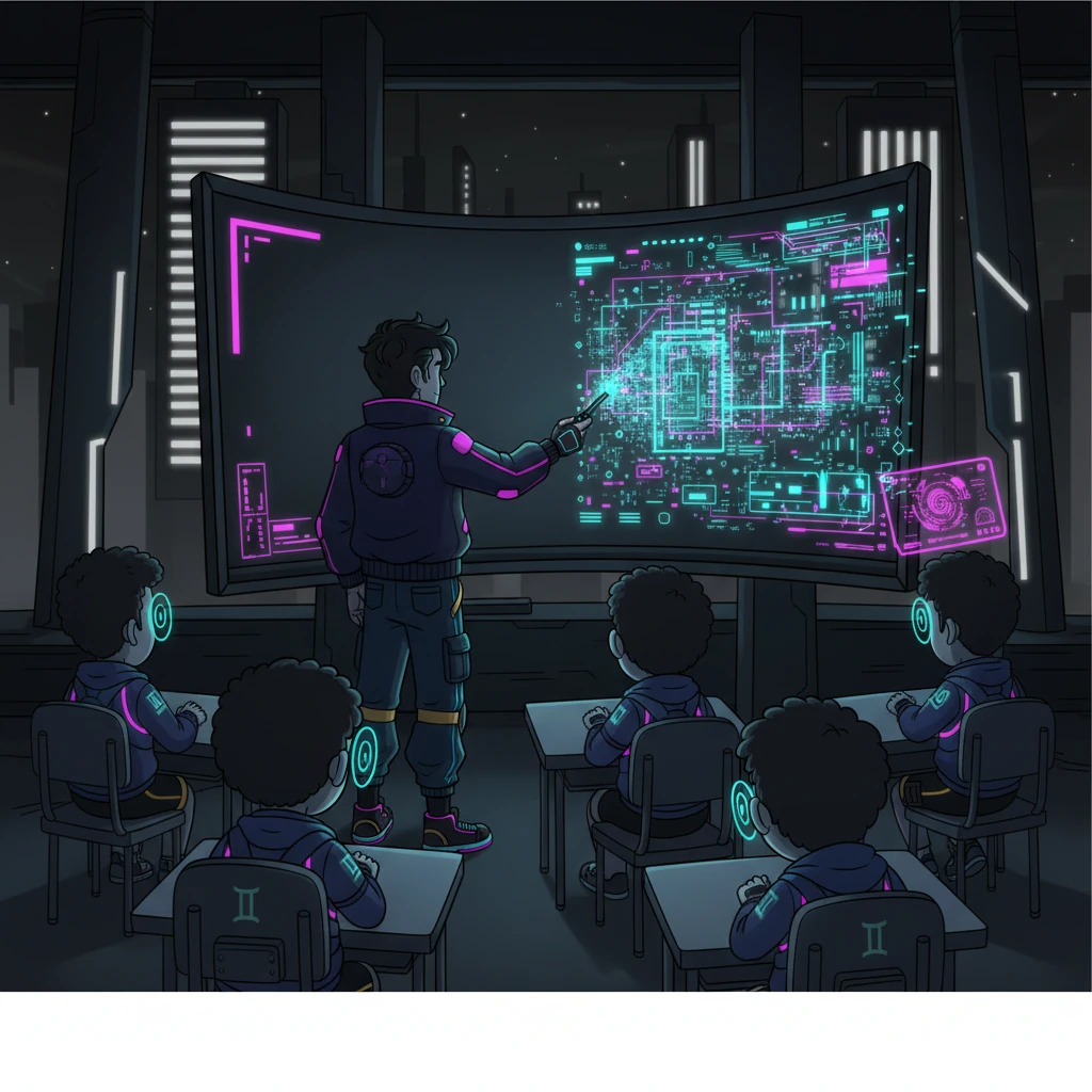 La viñeta se sumerge en un monocromo opresivo. El Maestro Kike, de espaldas, proyecta un torrente de datos y texto denso sobre un pizarrón holográfico, sus palabras un monólogo interminable. Los alumnos, con ojos que giran como espirales de código binario, algunos congelados en posturas robóticas y otros con interfaces digitales sobre sus cabezas que rezan 'Cargando...', parecen avatares atrapados en una simulación de baja resolución.