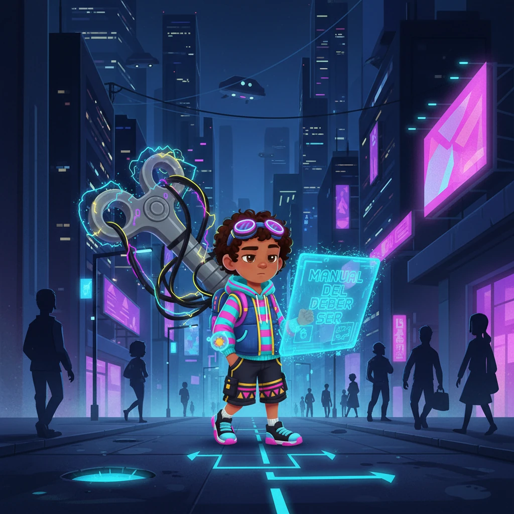 Kike avanza por las calles neón de la megaciudad, una figura autómata. De su espalda emerge una llave de cuerda gigante que brilla con energía estática, y cables neurales se extienden desde su nuca hacia un manual holográfico flotante, titulado 'Manual del Deber Ser', que proyecta un camino predeterminado. Ignora los baches de energía y los transeúntes cibernéticos, su mirada fija en el vacío digital.