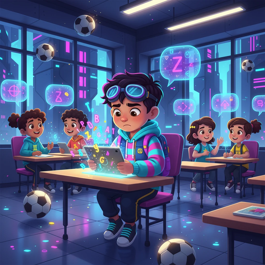 El salón 3-B explota en un caos vibrante: balones de fútbol rebotan con estelas de luz, alumnos charlan rodeados de burbujas de chat holográficas, y el aire vibra como un torneo de recreo en realidad aumentada. Kike intenta leer su manual, pero las letras se desprenden de las páginas digitales, disolviéndose en una lluvia de píxeles neón borrosos, el efecto de un glitch masivo que distorsiona la realidad de su clase.