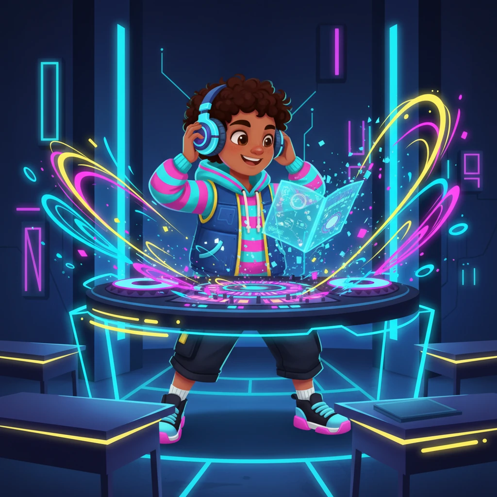 Con un estruendo digital que resuena por el aula, Kike cierra el manual holográfico. Una ola de color cian y magenta inunda la escena, transformando el gris opresivo en un vibrante escenario cyberpunk. Se quita la corbata, que se disuelve en microchips, y se pone unos audífonos futuristas de DJ, mientras las dudas y la energía de sus alumnos se manifiestan como ondas sonoras y patrones de luz interactivos frente a él.