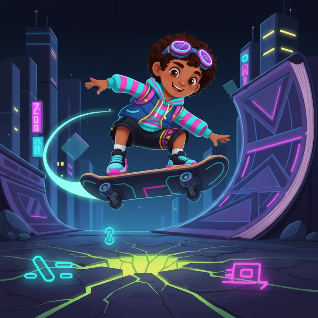 Kike se desliza sobre una patineta antigravedad, sus ruedas emitiendo un rastro de neón verde, ascendiendo una rampa que se curva como la espina dorsal de un libro gigante. El pavimento urbano debajo está agrietado por fallas de energía que brillan con etiquetas como 'Incertidumbre' y 'Problemas Reales'. Con una sonrisa audaz, Kike salta con estilo sobre una de las grietas, su movimiento fluido y decidido.