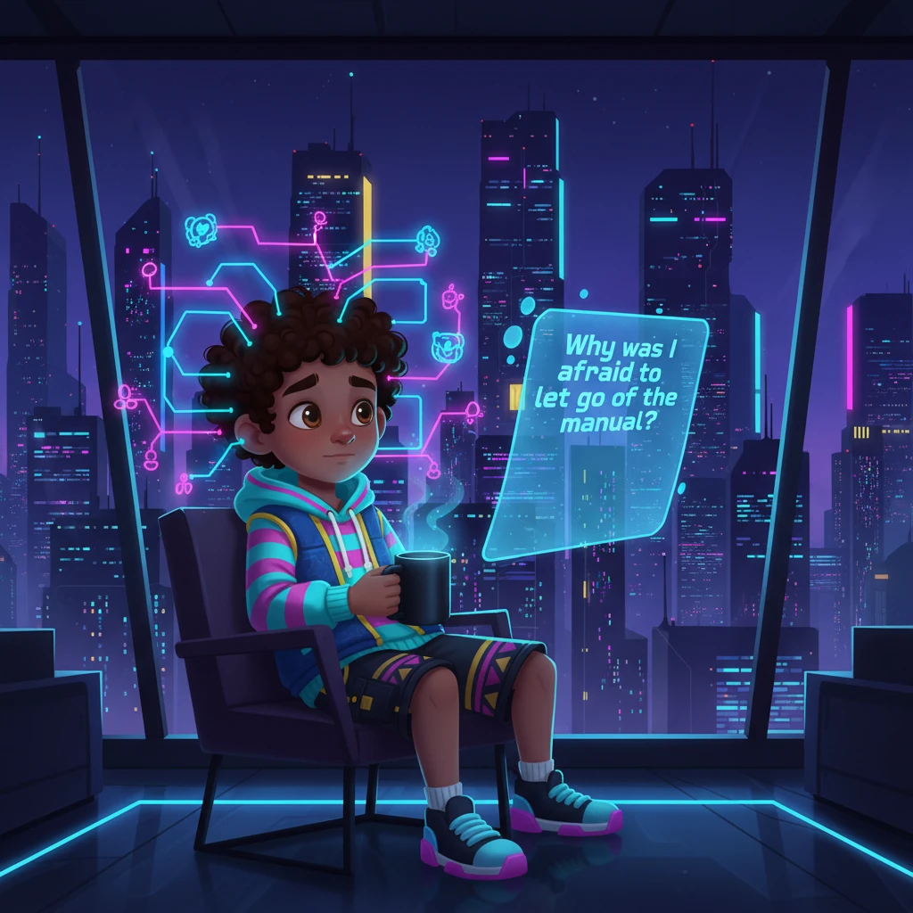 En su apartamento minimalista y de diseño angular, Kike se sienta, la silueta de la ciudad futurista reflejada en su ventana panorámica. Sostiene una taza de café que emite un suave brillo azul. Delante de él, un cuaderno transparente proyecta la pregunta '¿Por qué me dio miedo soltar el manual?' en el aire, mientras ideas se conectan y fluyen como una red neuronal electrificada, formando un mapa mental holográfico alrededor de su cabeza.