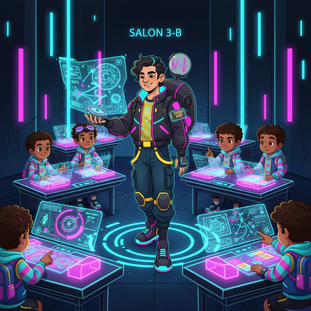 El salón 3-B es ahora un espacio de aprendizaje dinámico, lleno de mesas modulares que brillan con colores interactivos, dispuestas en círculos que fomentan la colaboración. Los cables neurales han desaparecido de la nuca de Kike. Ahora, sostiene una brújula holográfica que proyecta rutas de conocimiento personalizadas, caminando entre sus alumnos, no delante de ellos, como un guía en un laberinto de posibilidades.