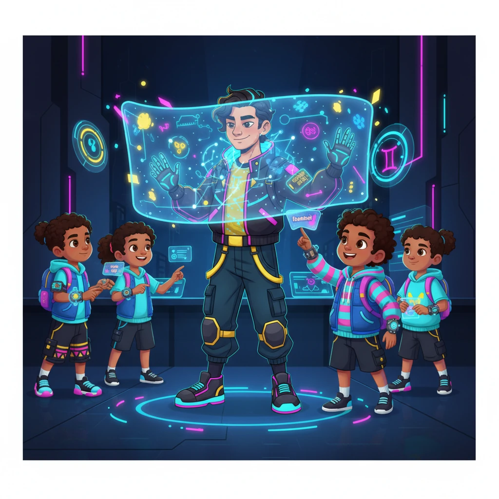 Kike facilita una sesión de aprendizaje inmersiva. Utilizando guantes hápticos, manipula una compleja proyección holográfica en el centro del aula, mostrando un ecosistema digital en evolución. Los estudiantes, cada uno con sus propias interfaces de brazo, interactúan con el modelo, añadiendo datos, proponiendo soluciones y debatiendo con gestos que controlan elementos virtuales, sus rostros iluminados por el resplandor de la tecnología.