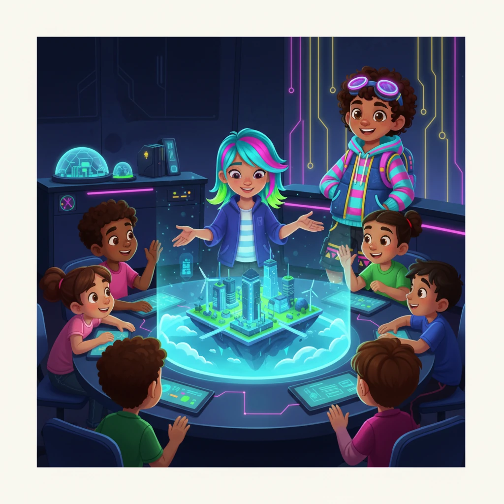 Una joven estudiante, con confianza palpable, presenta su proyecto: un prototipo de ciudad sostenible flotante, proyectado en 3D con detalles asombrosos sobre la mesa interactiva. La clase observa con asombro, haciendo preguntas mientras la estudiante navega por su creación. Kike, al fondo, sonríe con orgullo, el aula vibrando con un zumbido armonioso de creatividad y descubrimiento.