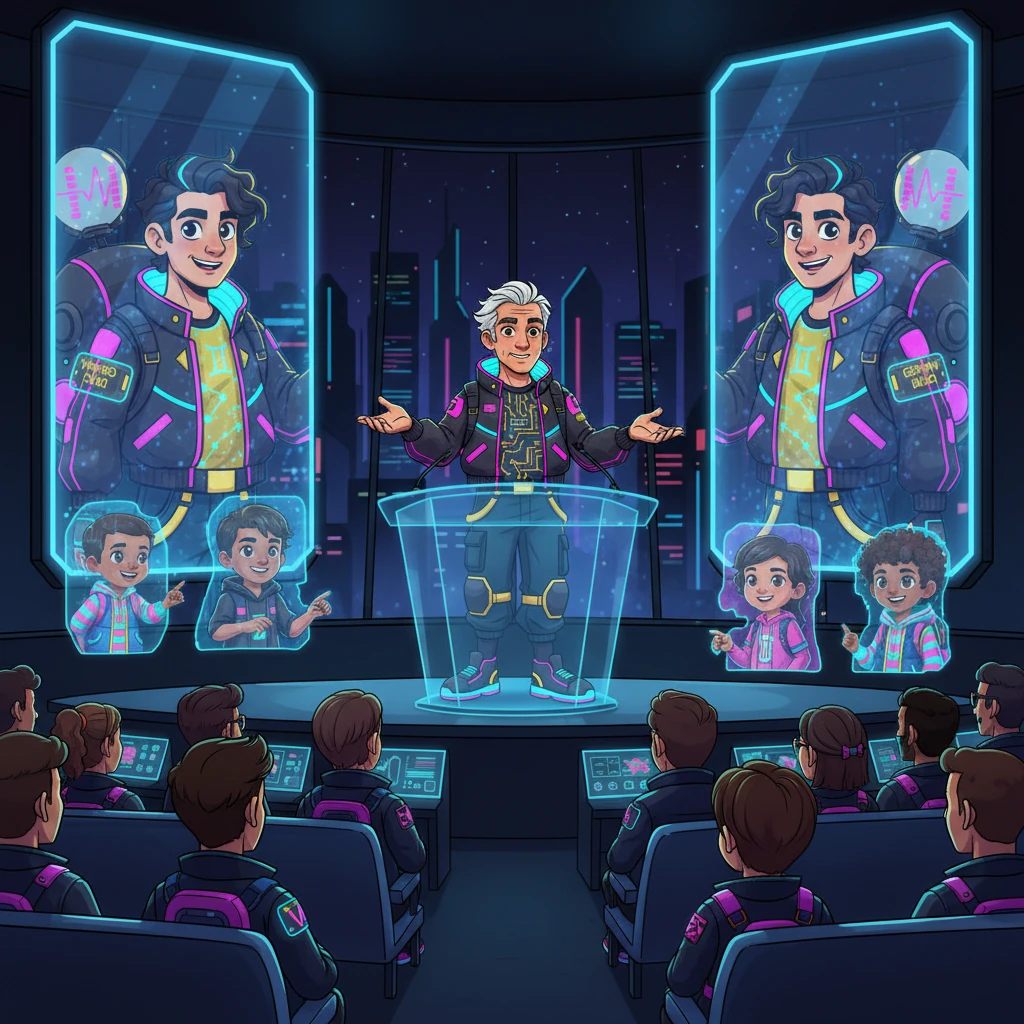 Años después, un Maestro Kike canoso pero vibrante se erige en un auditorio futurista, su imagen proyectada en pantallas gigantes que flanquean un estrado de cristal. Comparte su historia del 'glitch' con una nueva generación de educadores, mientras sus antiguos alumnos, ahora innovadores y líderes en sus campos, aparecen en cameos holográficos entre la audiencia, un testimonio viviente de su transformación y el poder de la educación reflexiva.