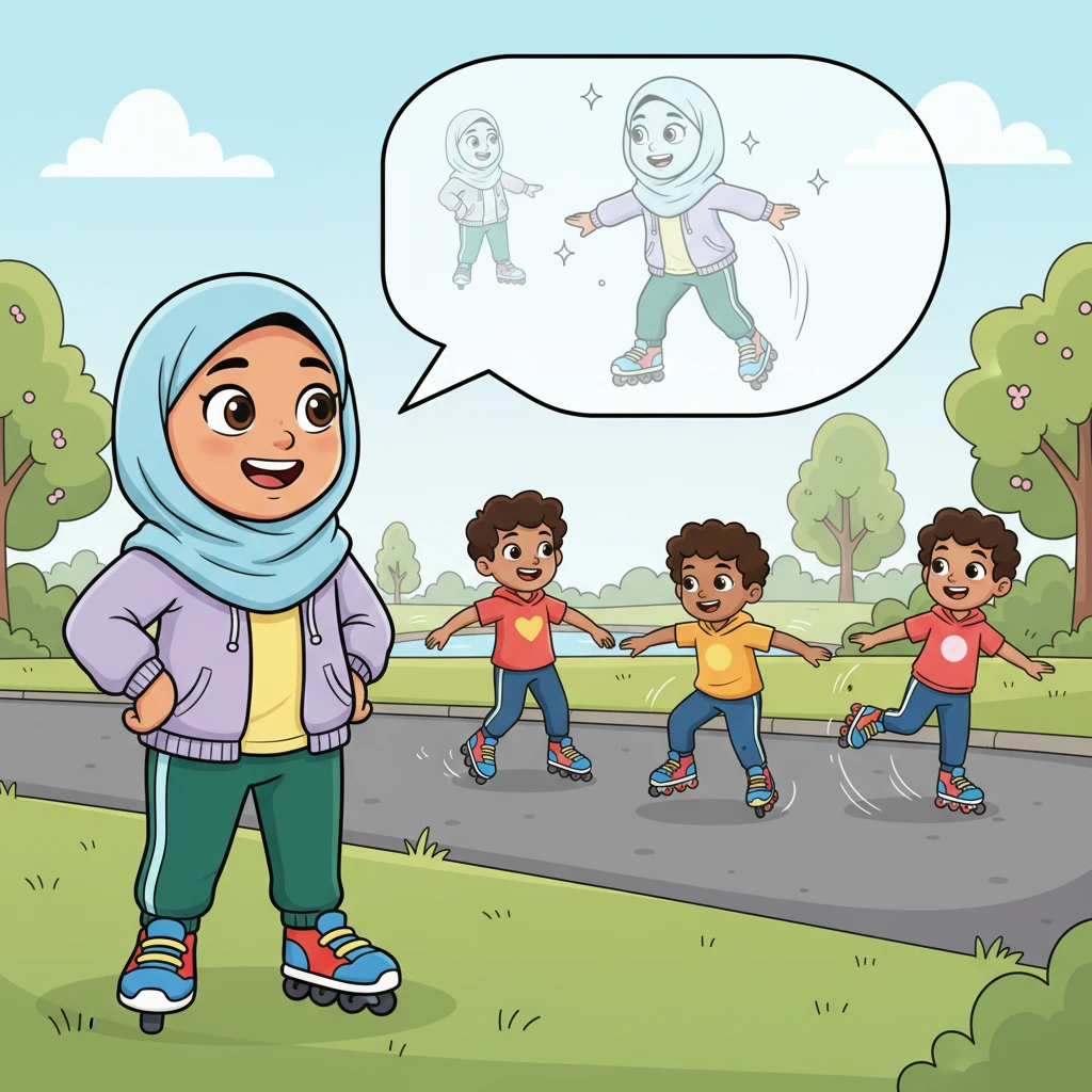 Zara spotted a group of older kids gliding effortlessly on roller skates in the park, their movements like a joyful dance. Her eyes sparkled with wonder, and a familiar spark of challenge ignited within her. She imagined herself twirling and zooming, a big smile spreading across her face.
