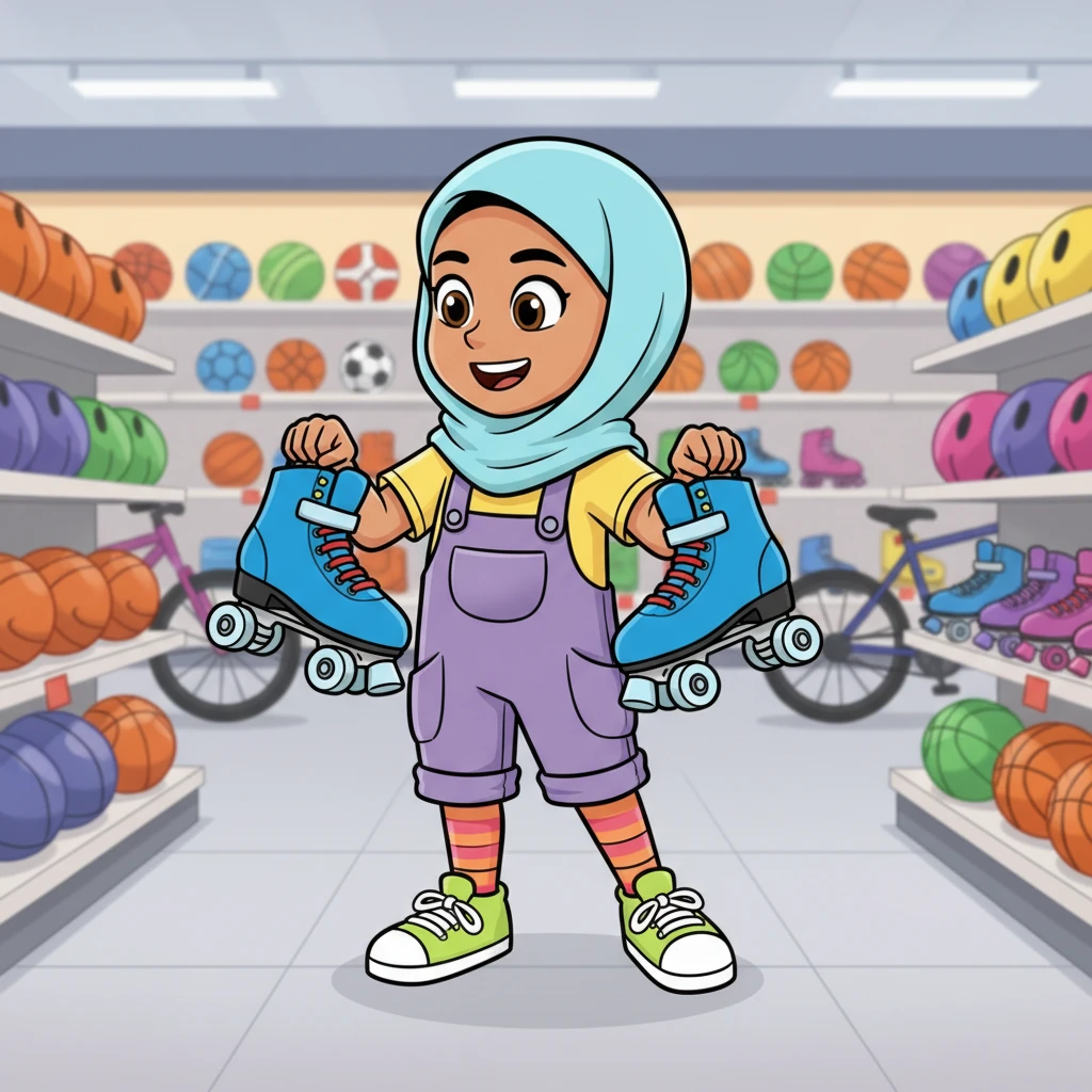 The very next morning, Zara was at the local sports shop, carefully choosing her first pair of bright blue roller skates. She held them up, feeling their weight and imagining the speed she'd gain. A determined grin crossed her face as she thought, "This looks tricky, but I know I can do it!"