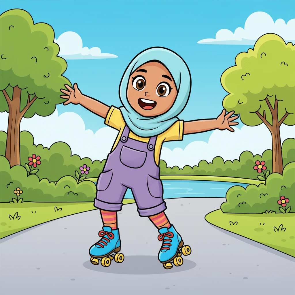 Zara wasted no time. She found a quiet, smooth path in the park, strapped on her new skates, and cautiously stood up. Her arms flailed a little as she wobbled, but she giggled, ready for the adventure that lay ahead.