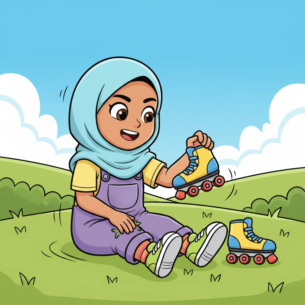 Learning isn't always easy! Zara tumbled gently onto the soft grass a few times, her colorful hijab slightly askew but her spirit completely undeterred. She sat up, brushed herself off, and carefully studied the skates, already figuring out how to improve her balance.