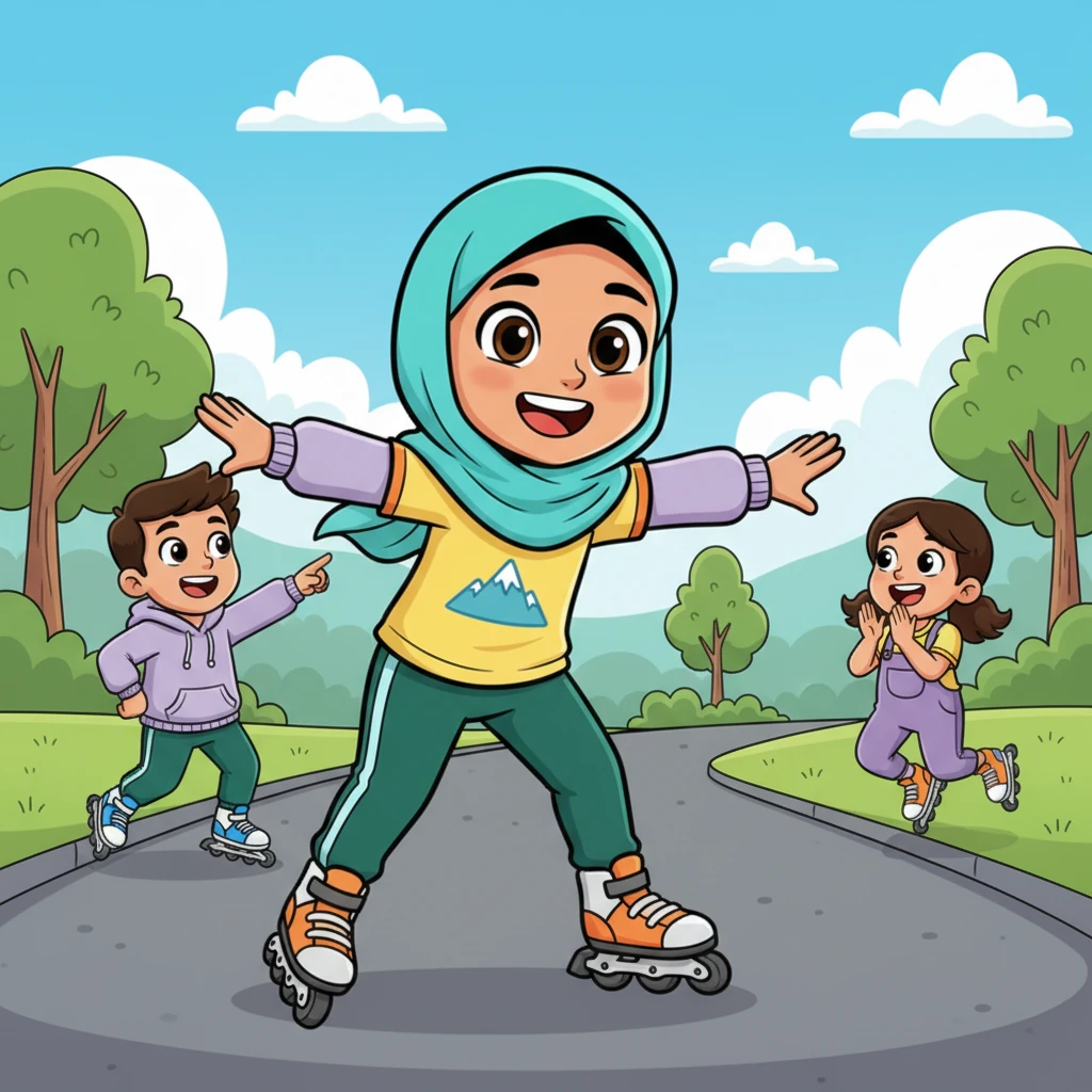 A week later, Zara could glide several feet without falling! She pushed off with newfound confidence, her movements becoming smoother and more deliberate. Her friends cheered her on, amazed by her quick progress, and Zara beamed with pride.