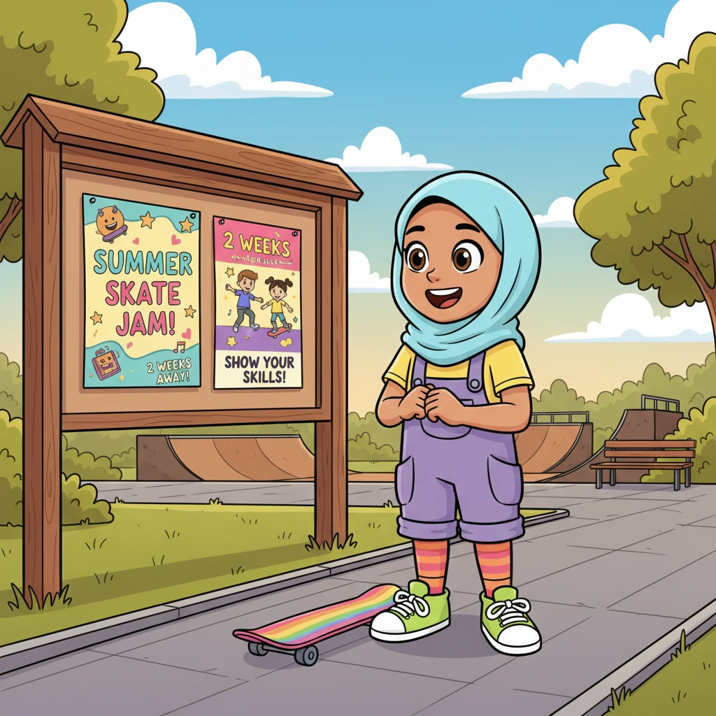 The community park announced a "Summer Skate Jam" in two weeks, inviting everyone to show off their skills. Zara saw the colorful flyer, and a new, exciting challenge ignited within her. She decided she would participate, maybe even try a simple trick!