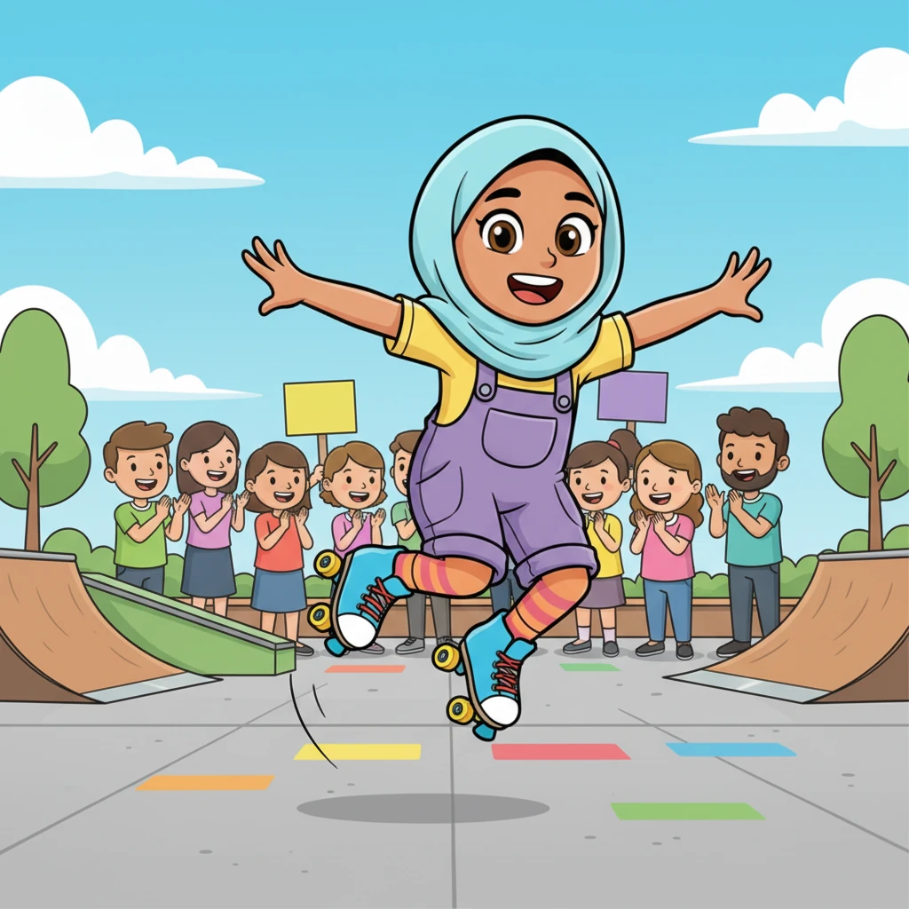 On the day of the Skate Jam, Zara confidently skated onto the designated area, her bright blue skates gleaming. She performed a graceful turn and a small, perfectly executed hop, landing with a flourish. The crowd applauded her effort and impressive skill.