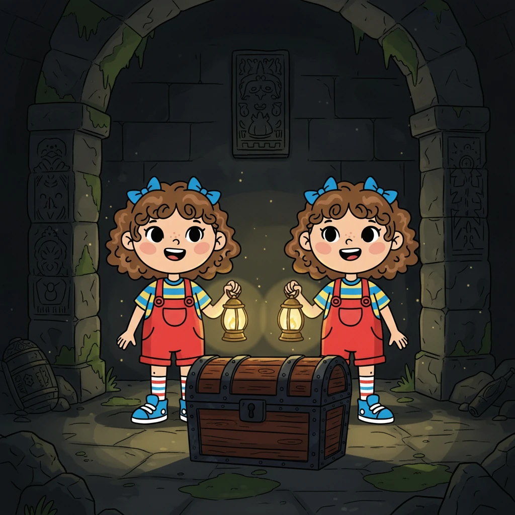 Após resolverem os enigmas, as gêmeas chegaram a uma câmara secreta. Lá, sob a luz de suas lanternas, encontraram um baú de madeira. Elas respiraram fundo, sentindo a emoção tomar conta delas.