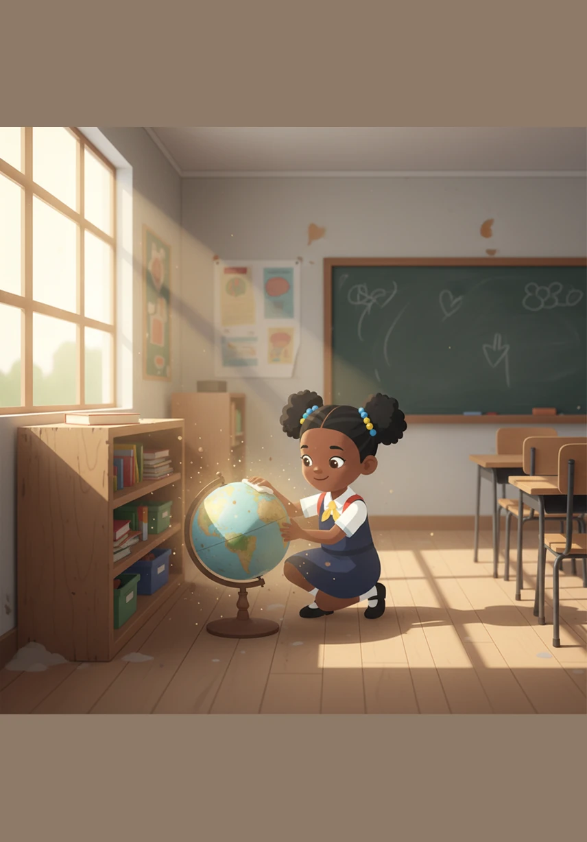 In a sunny classroom in South Africa, Mila finds a dusty old globe tucked away in a corner. As she brushes off the dust and gives it a gentle spin, the globe begins to glow with a soft, magical golden light.