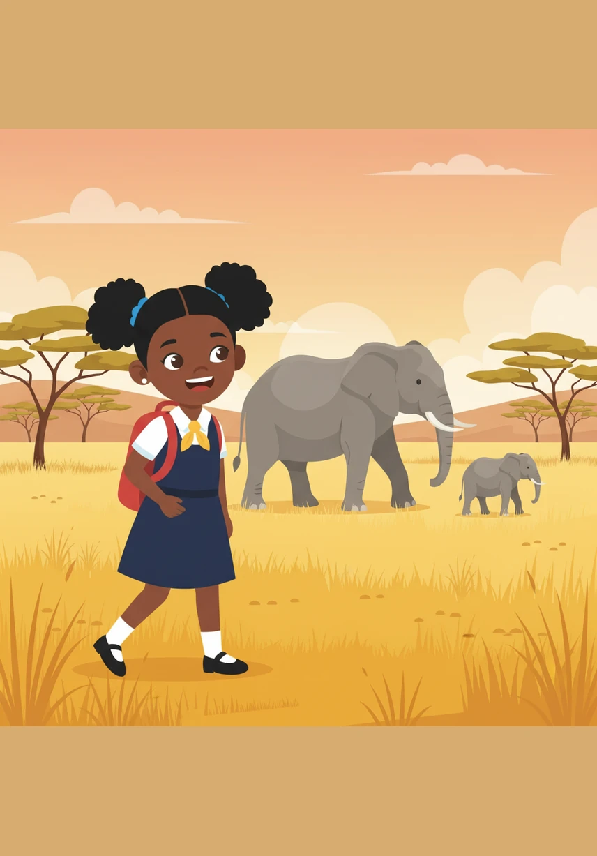 With another spin, Mila arrives in the golden grasslands of the Maasai Mara in Kenya. She watches a family of elephants walk gracefully past and realizes how important it is to protect wild animals and their homes.