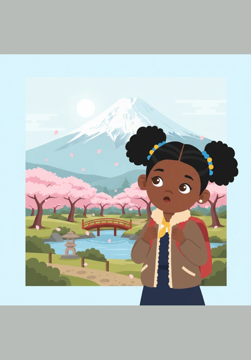 Mila finds herself in Japan, looking up at the snow-capped peak of Mount Fuji. She walks through a peaceful garden in Kyoto filled with pink cherry blossoms, discovering the beauty of different traditions and cultures.