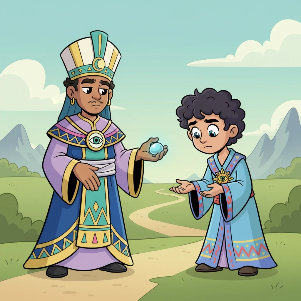 Egogu, with a solemn nod, chose young Morris, known for his kind heart and clever mind, to embark on a perilous quest. He handed Morris a shimmering, smooth stone, whispering that it would guide him. Morris, though a bit nervous, felt a spark of determination ignite within him.