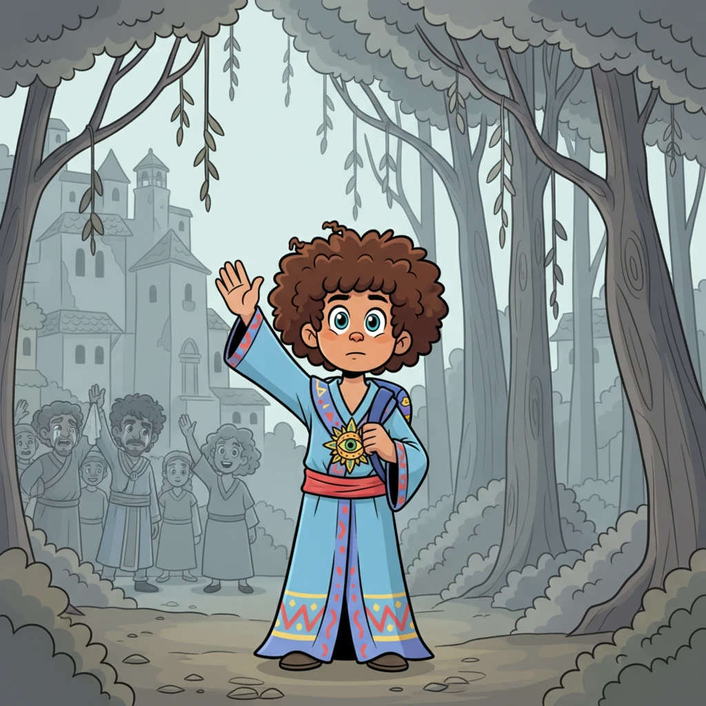 With a brave wave to his tearful family, Morris set off from the village, which now looked like a faded painting. He ventured into the Whispering Woods, where the once-lush leaves hung listlessly in shades of grey. A quiet determination set his shoulders firm as he stepped deeper into the silent trees.