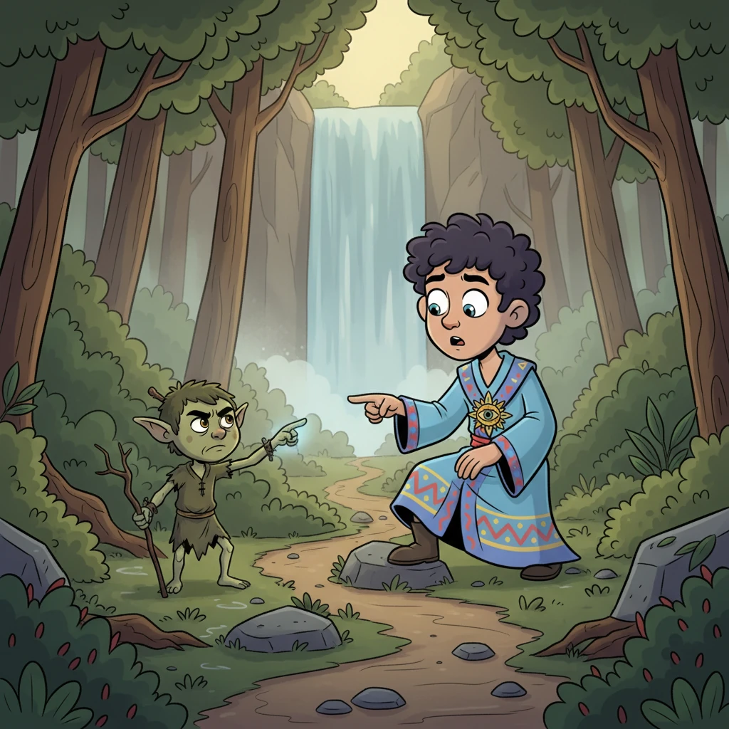 Deep within the woods, Morris stumbled upon a tiny, grumpy forest sprite, its clothes and skin a dull shade of moss. The sprite grumbled about its own fading sparkle and pointed a twiggy finger towards the distant, now-murky Rainbow Falls. It warned Morris of a tricky, winding path filled with slippery stones and thorny bushes.
