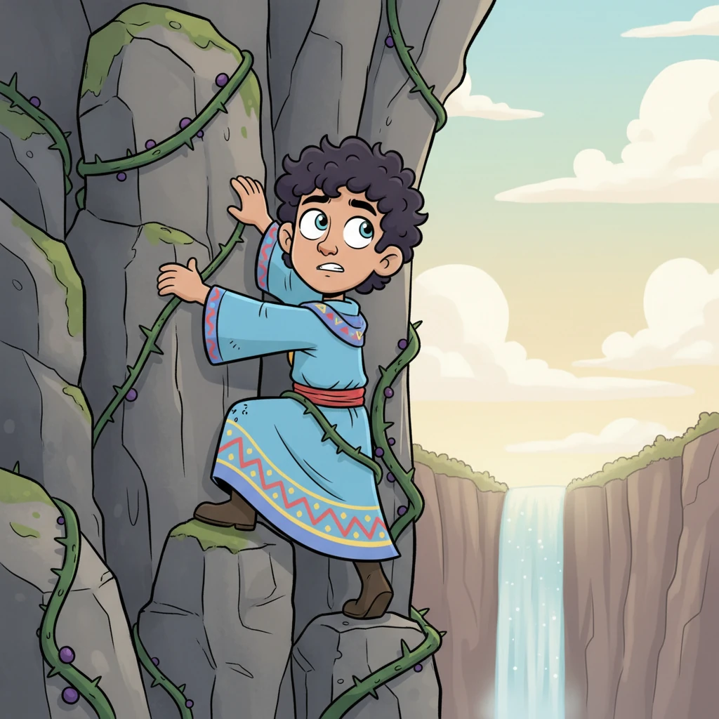 Morris bravely navigated the treacherous climb, his small hands gripping slippery, faded rocks. Thorny vines snagged at his clothes, but he pushed onward, his eyes fixed on the distant, barely visible shimmer of the falls. His heart thumped with both caution and excitement for what lay ahead.