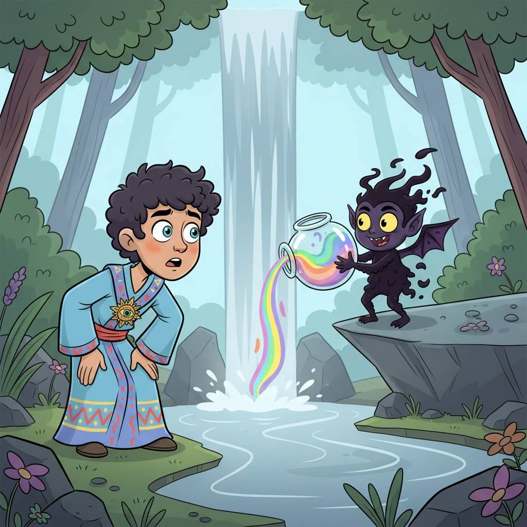 Finally, panting, Morris reached the source of the village’s beauty: Rainbow Falls, now a sad trickle of grey water. There, he spotted a tiny, shadowy imp, Gloom, giggling mischievously as it siphoned the last drops of color into a swirling jar. Gloom looked up, startled, its eyes wide and mischievous.