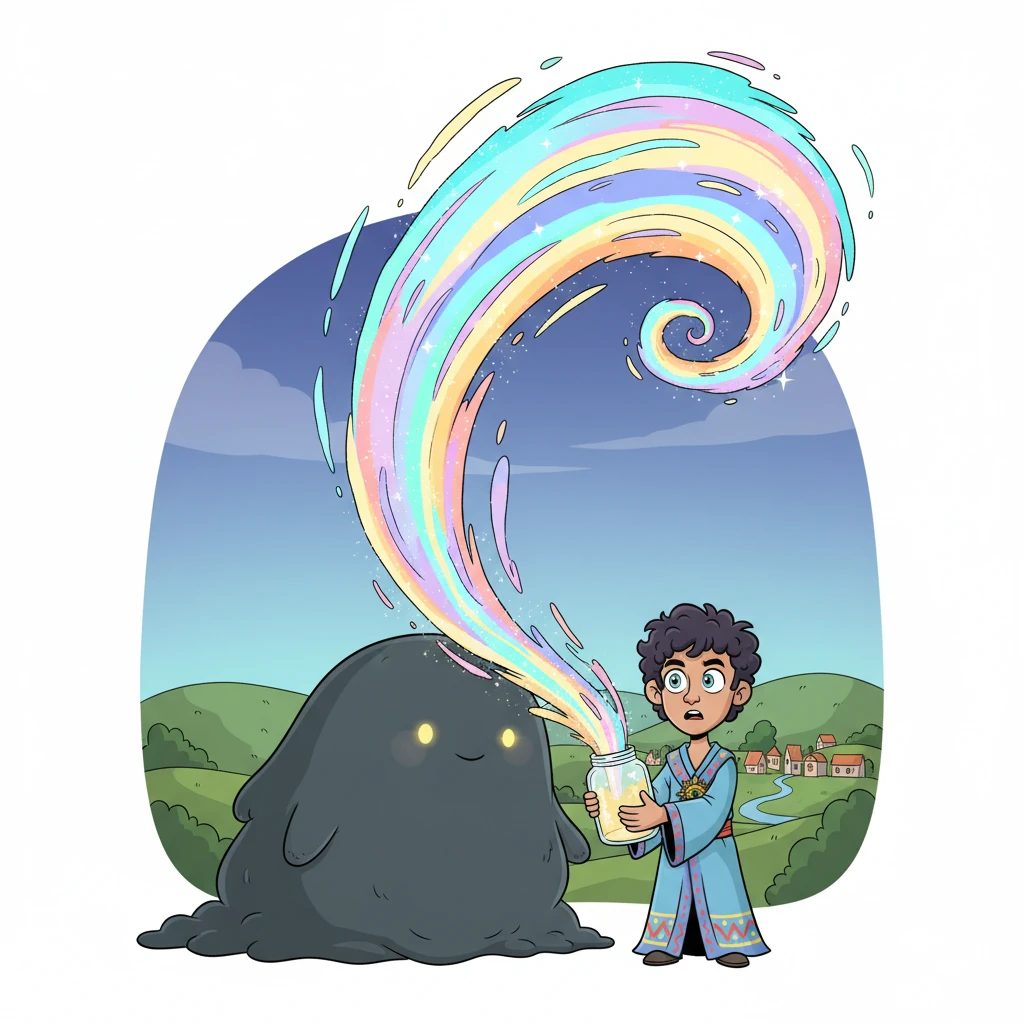 Touched by Morris's gentle words, Gloom's shadowy form softened, and a tiny sparkle appeared in its eyes. Together, they opened the jar, releasing a magnificent, shimmering wave of vibrant colors that soared into the sky. The wave swirled like a rainbow ribbon, heading straight back towards the village.